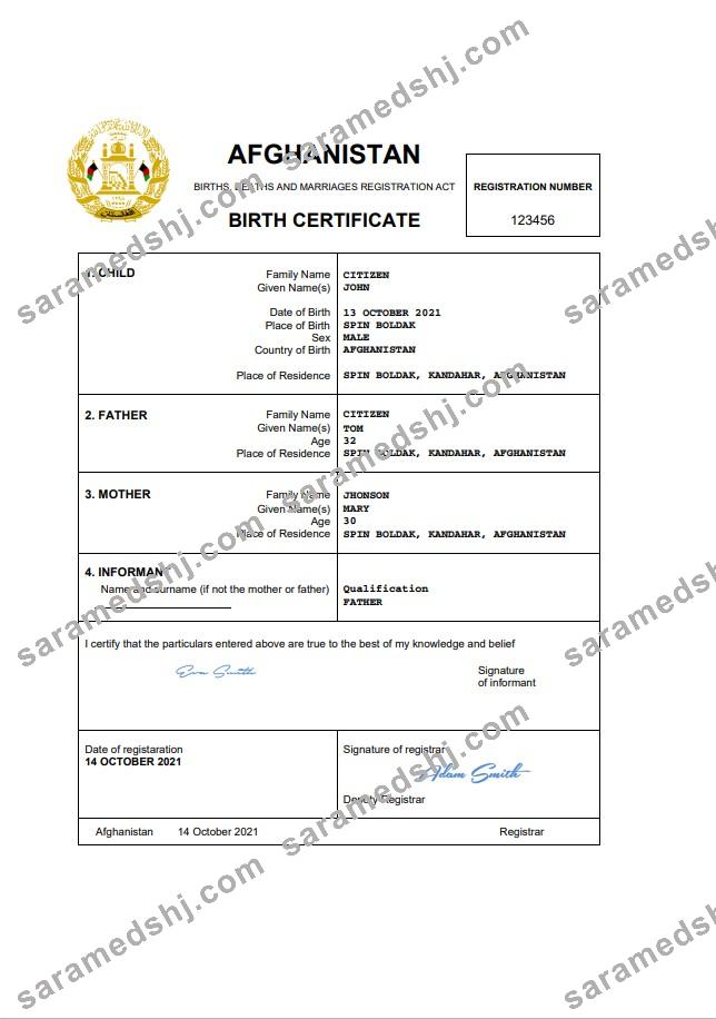 Afghanistan vital record birth certificate Word
